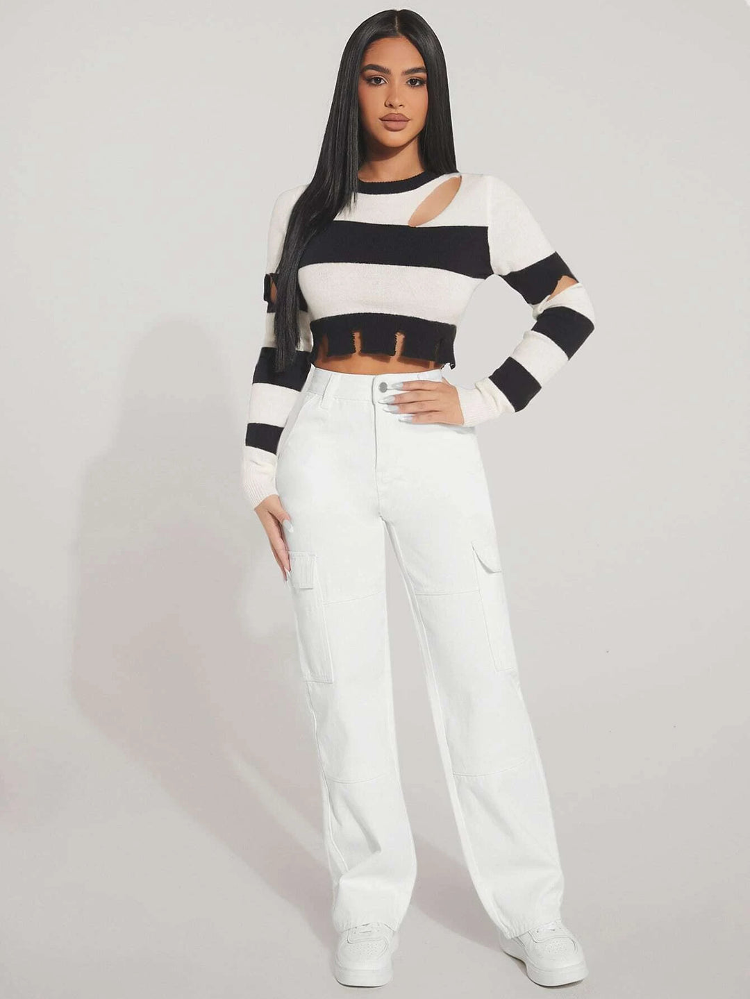 High Waist Cargo Flap Pocket Jeans