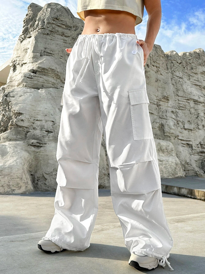 Flap Pocket Side Drawstring Waist Cargo Pants