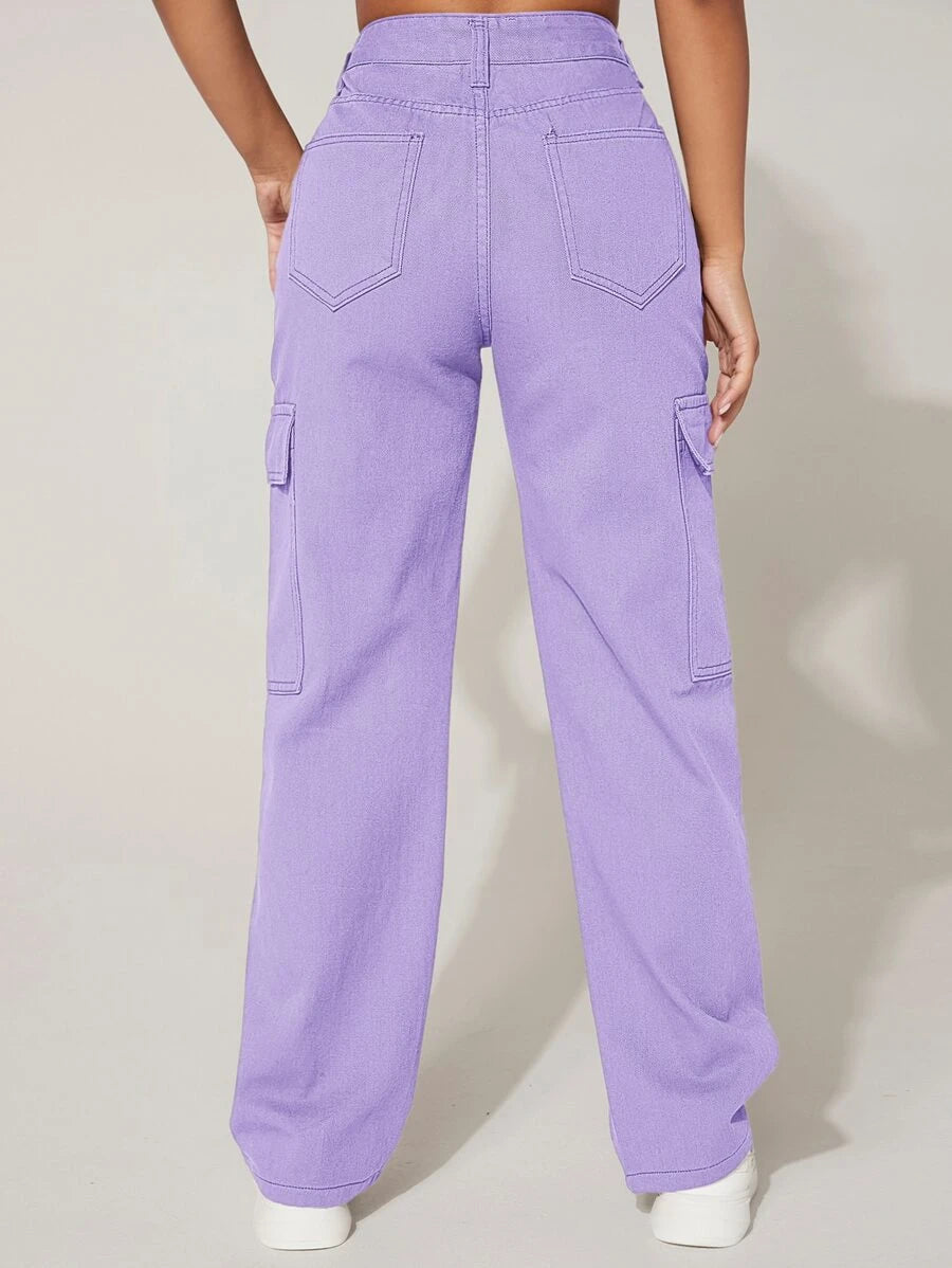Trendy Flap Pocket High Waist Denim Cargo Jeans
