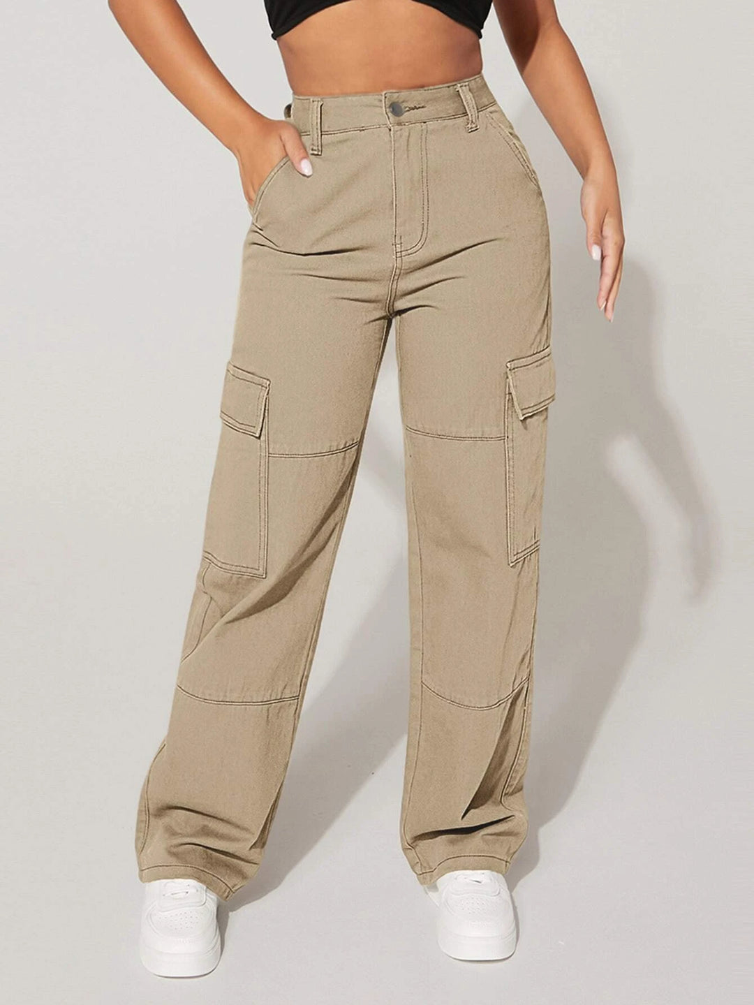 High Waist Cargo Flap Pocket Jeans