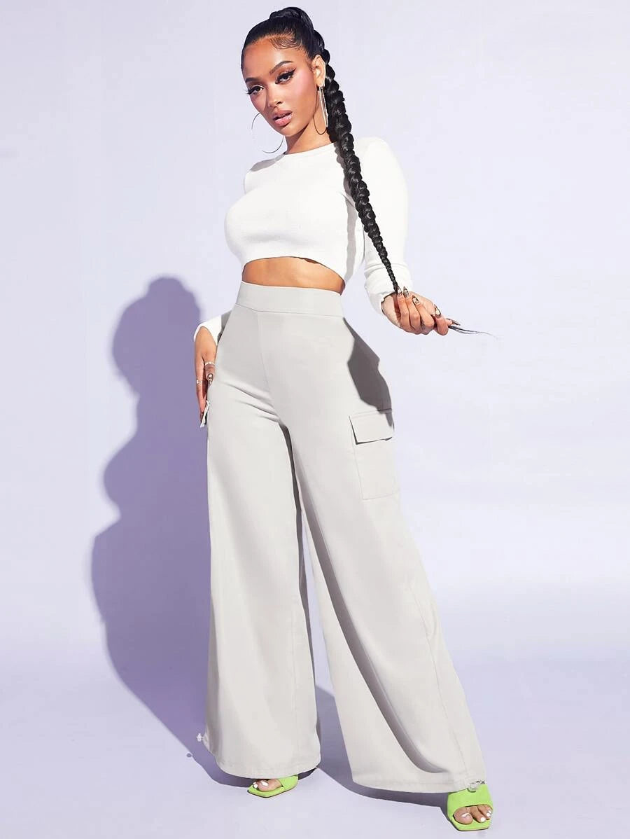 Flap Pocket Wide Leg Easy Wear Cargo Pants