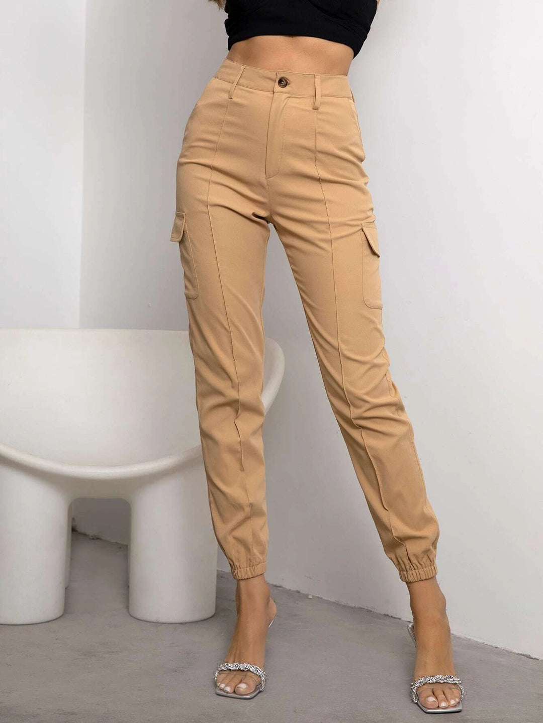 High Waist Solid Flap Pocket Cargo Pants