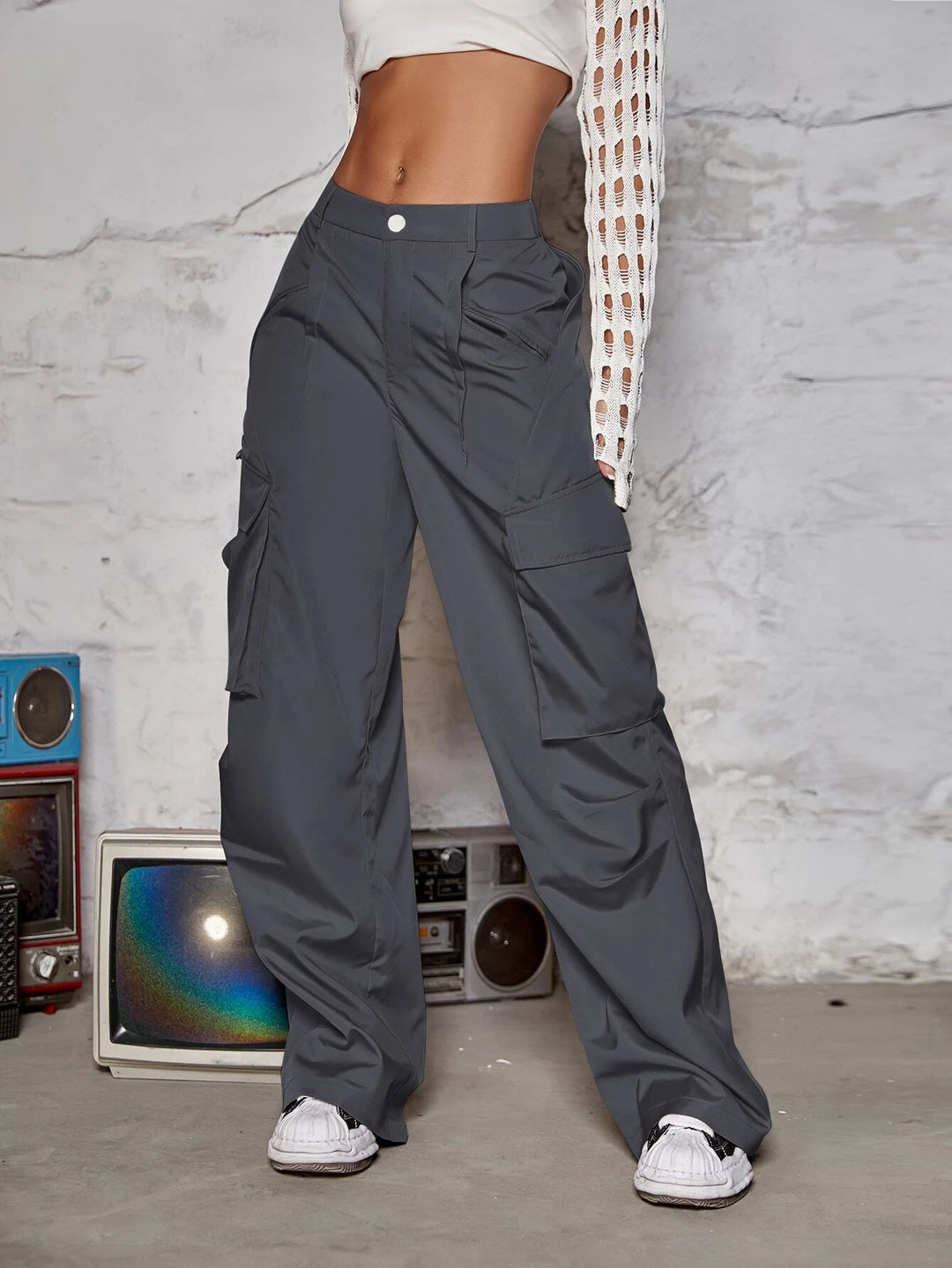 Casual Ruched Wide Leg Cargo Pants
