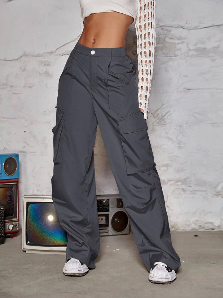 Flap Pocket Ruched Wide Leg Cargo Pants