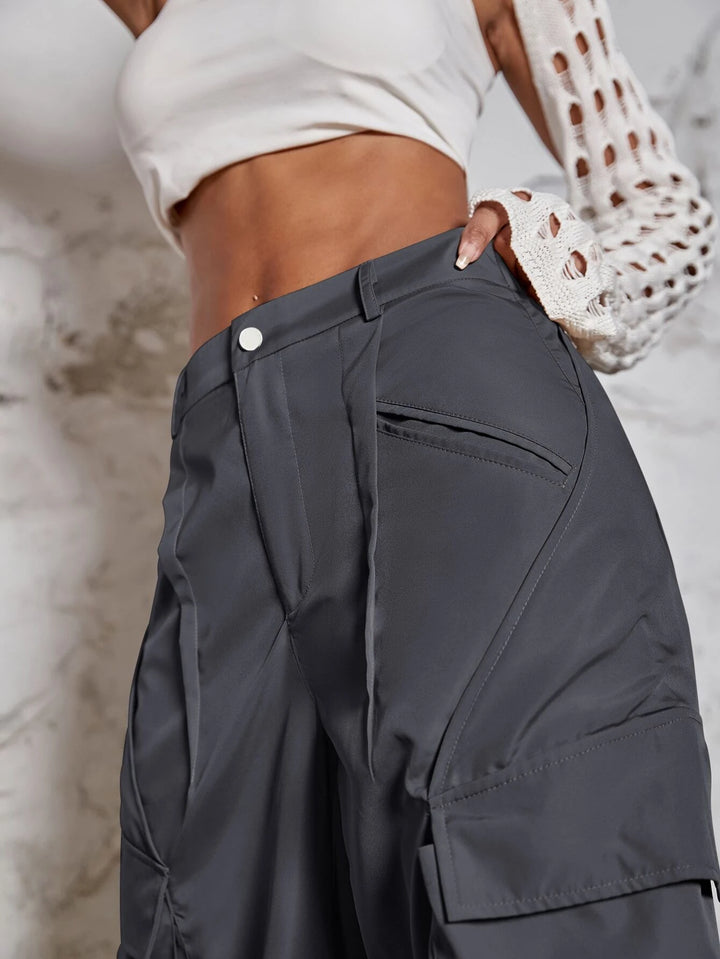 Flap Pocket Ruched Wide Leg Cargo Pants