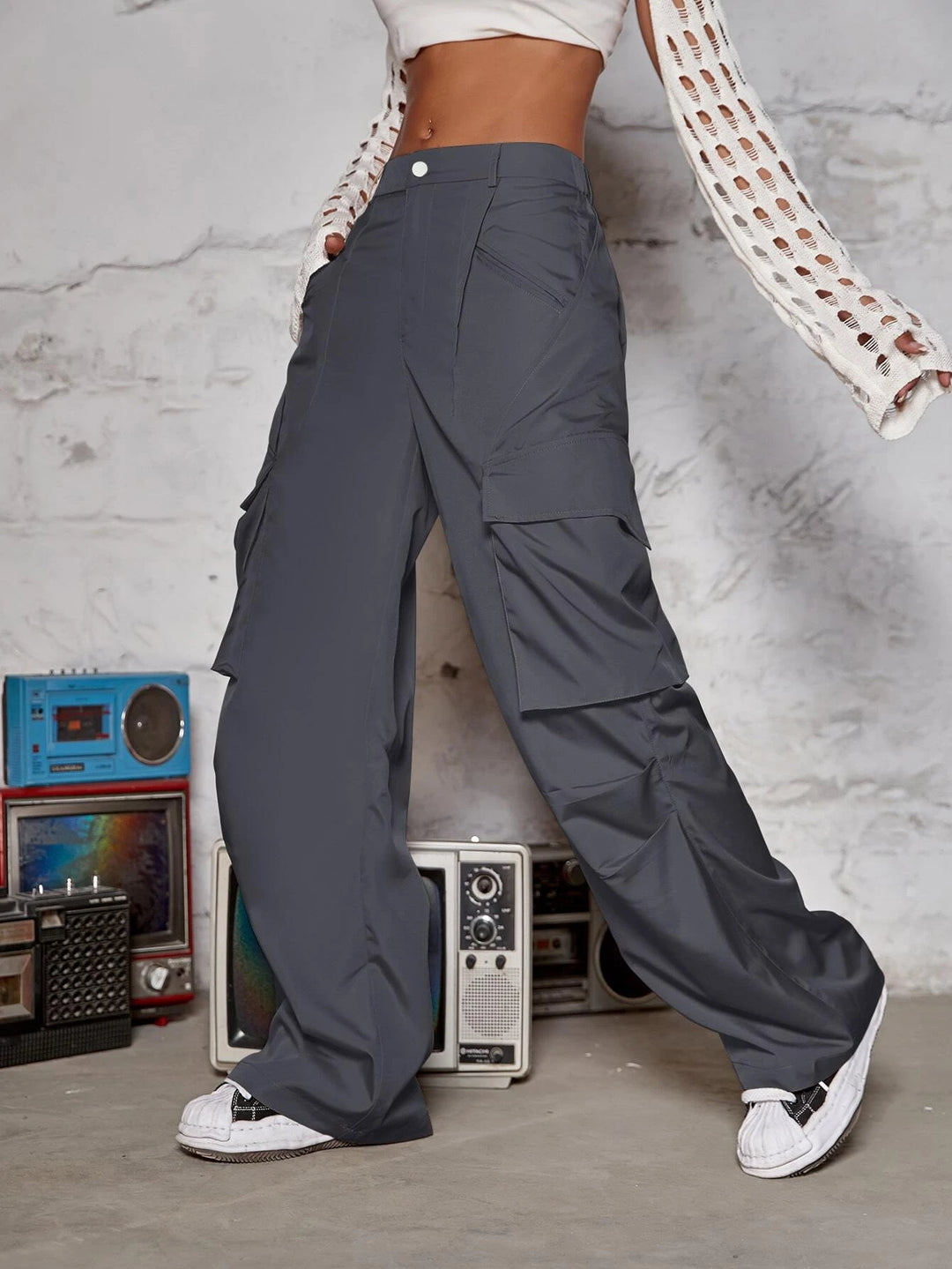 Flap Pocket Ruched Wide Leg Cargo Pants