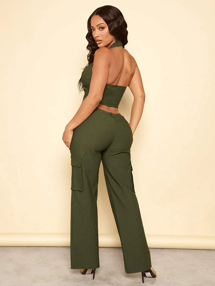 Ruched Front Halter Top And Cargo Pants