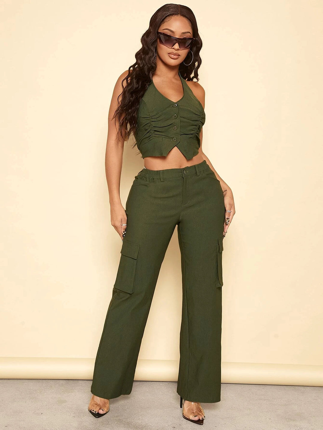 Ruched Front Halter Top And Cargo Pants