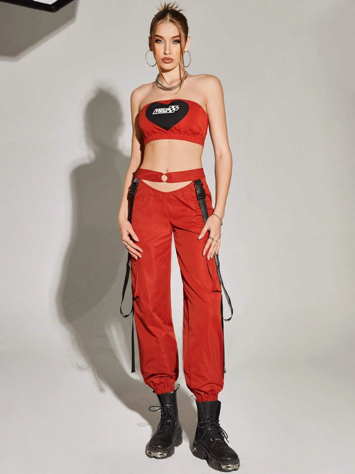 Bikercore Tube Top And Buckle Detail Cargo Pants