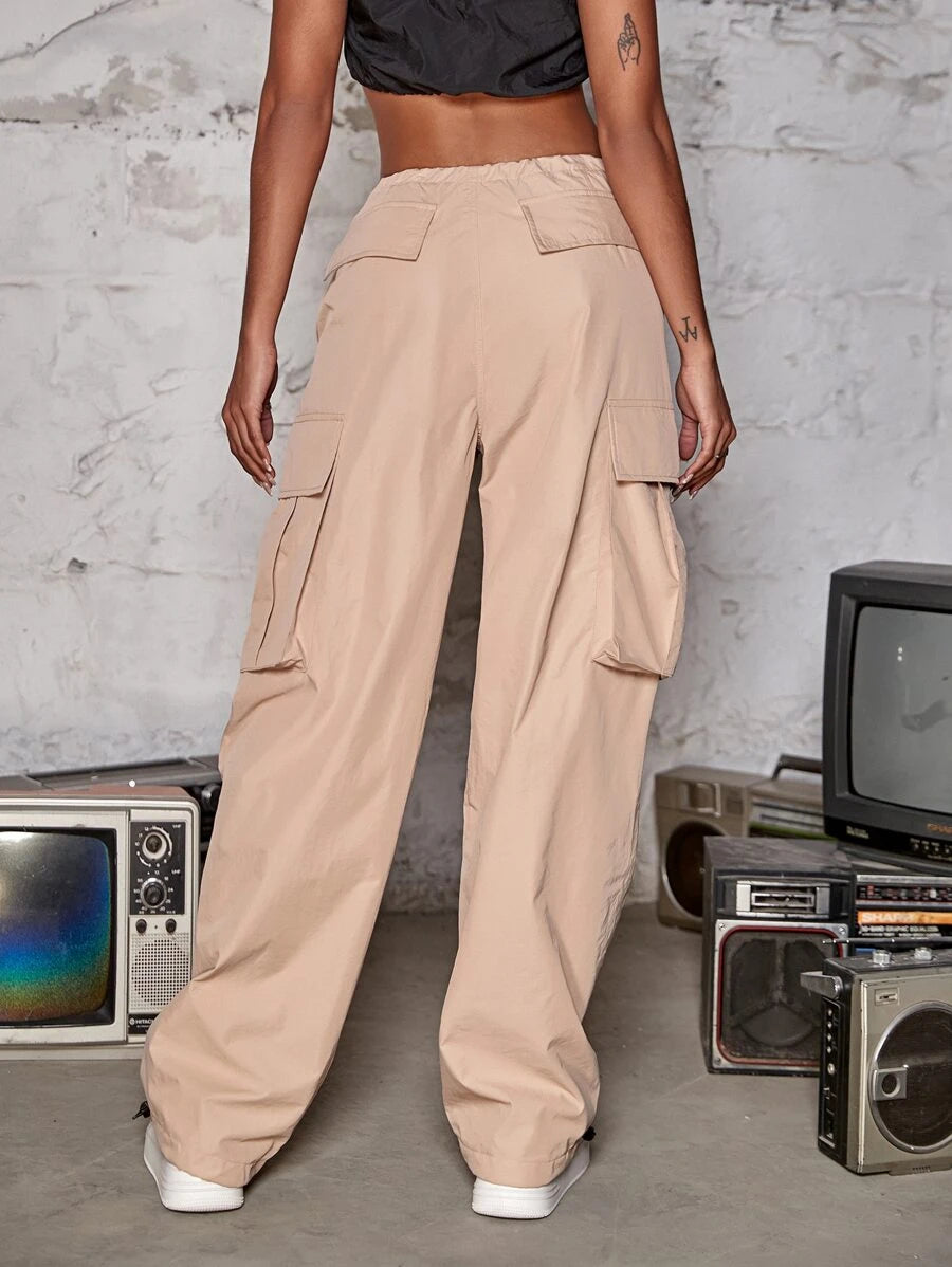 Drawstring Waist Wide Leg Parachute Cargo Jogger Pants