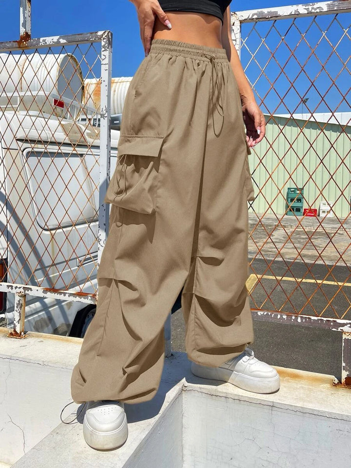 Flap Pocket Side Drawstring Waist Cargo Pants