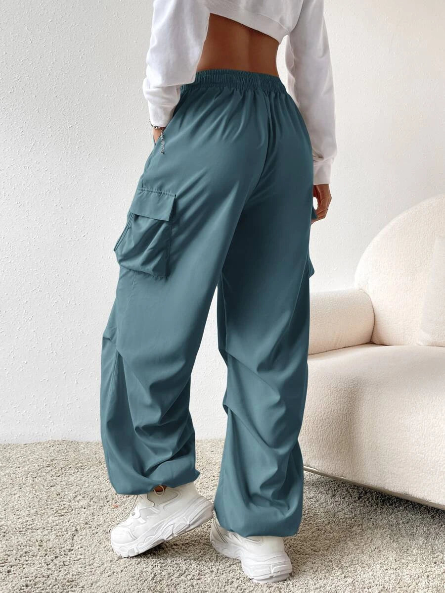 Flap Pocket Side Drawstring Waist Parachute Cargo Pants