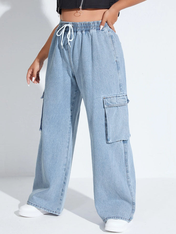 Drawstring Waist Flap Pocket Cargo Jeans