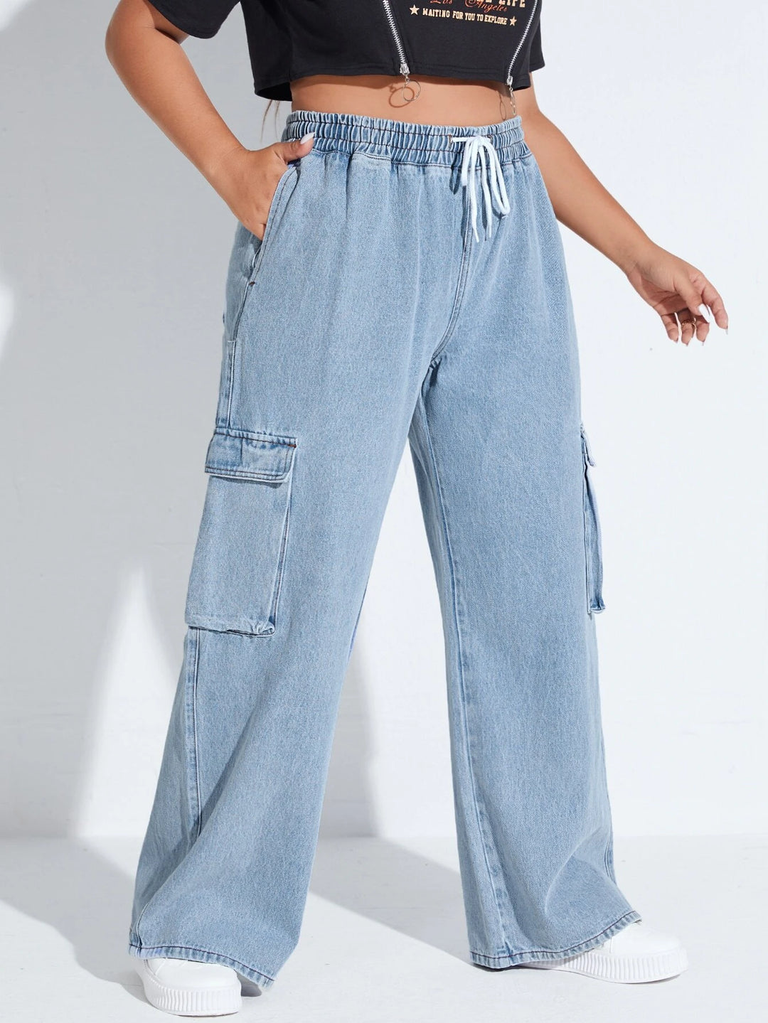 Drawstring Waist Flap Pocket Cargo Jeans