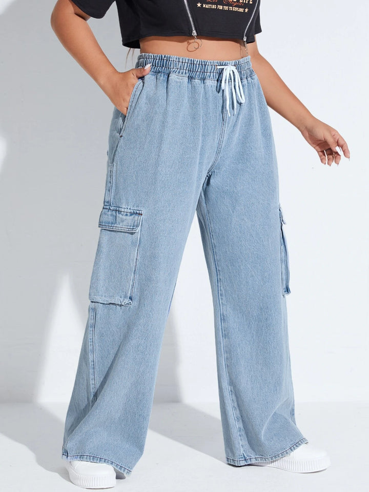 Drawstring Waist Flap Pocket Cargo Jeans