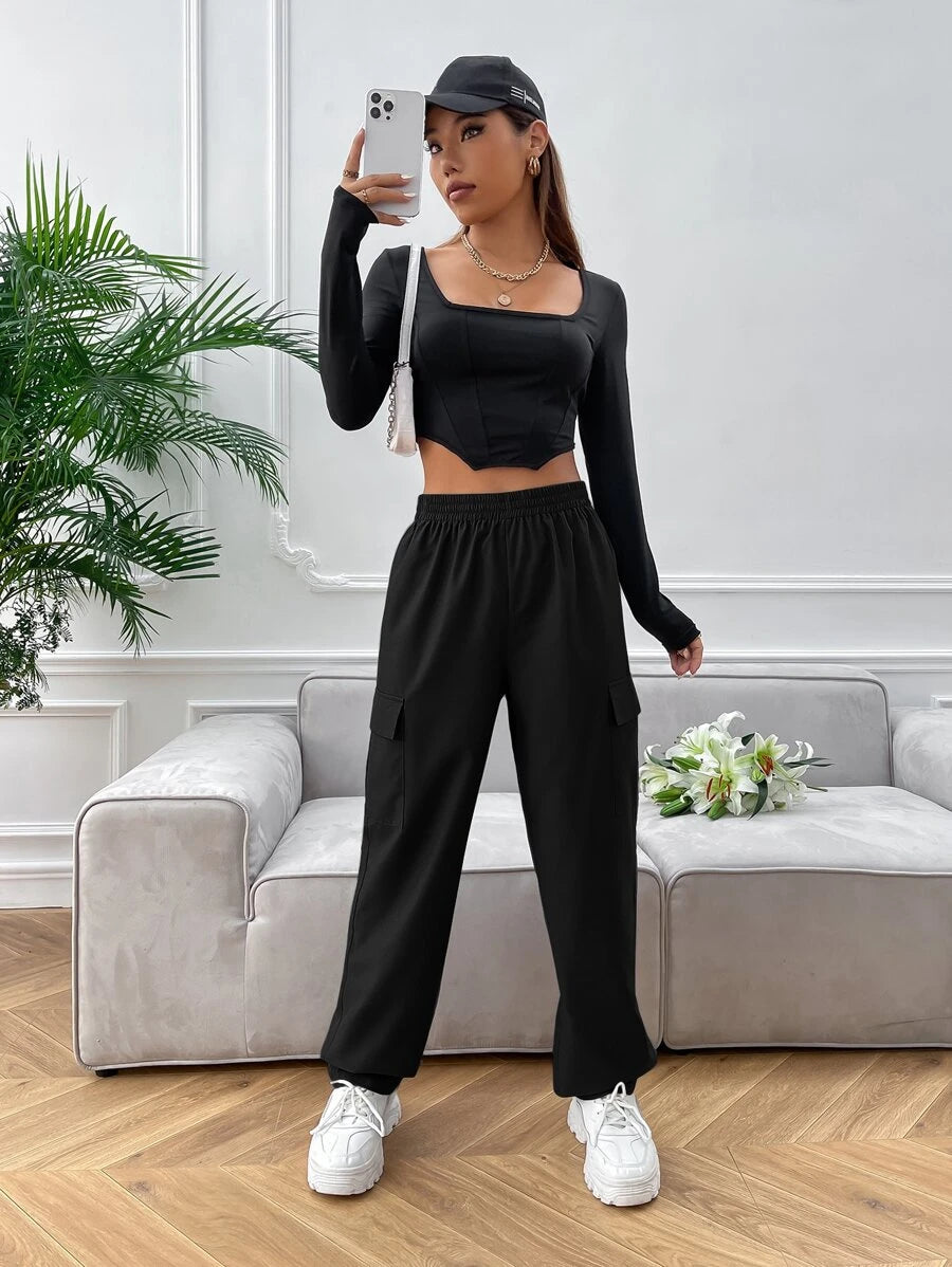 High Waist Side Pocket Flap Cargo Pants