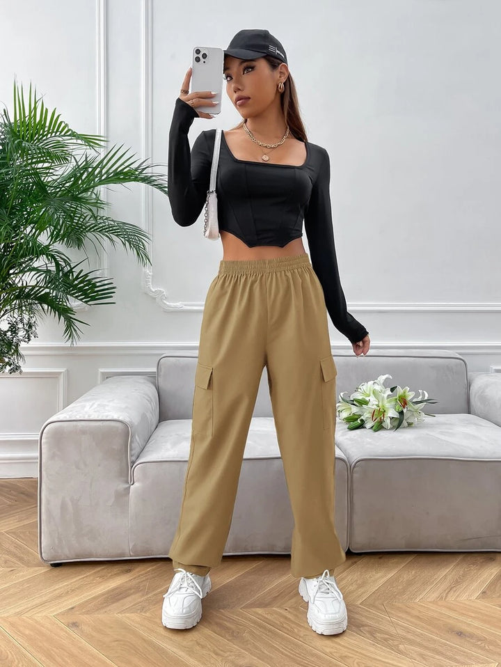 High Waist Side Pocket Flap Cargo Pants