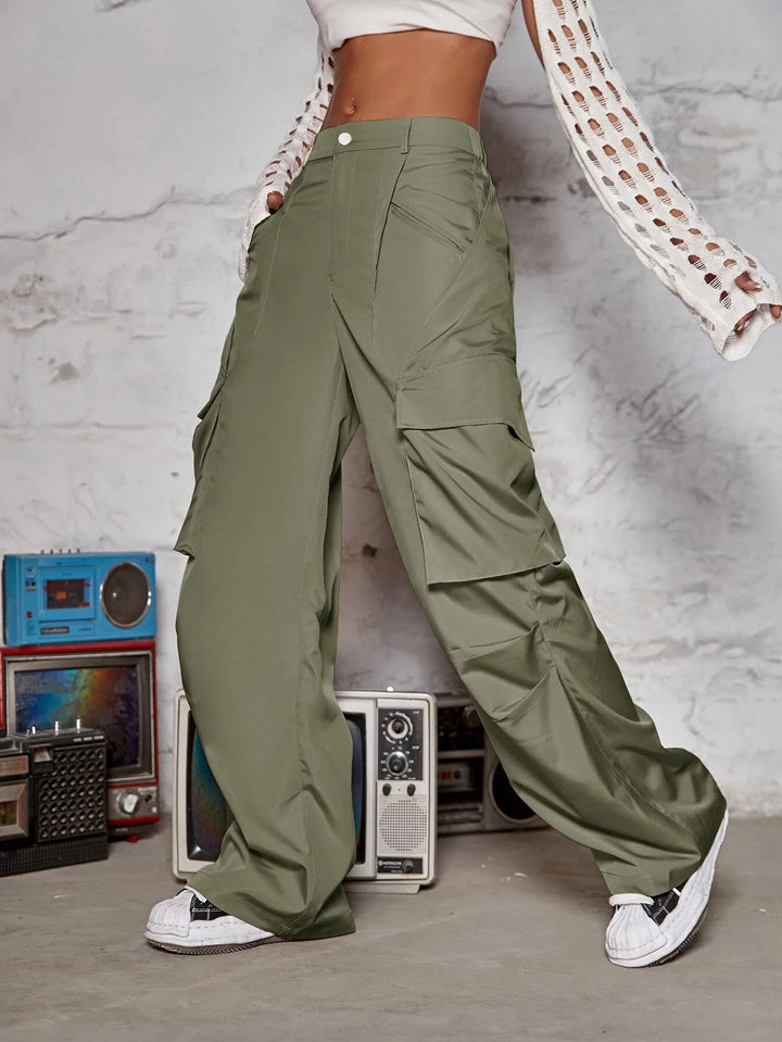 Flap Pocket Ruched Wide Leg Cargo Pants