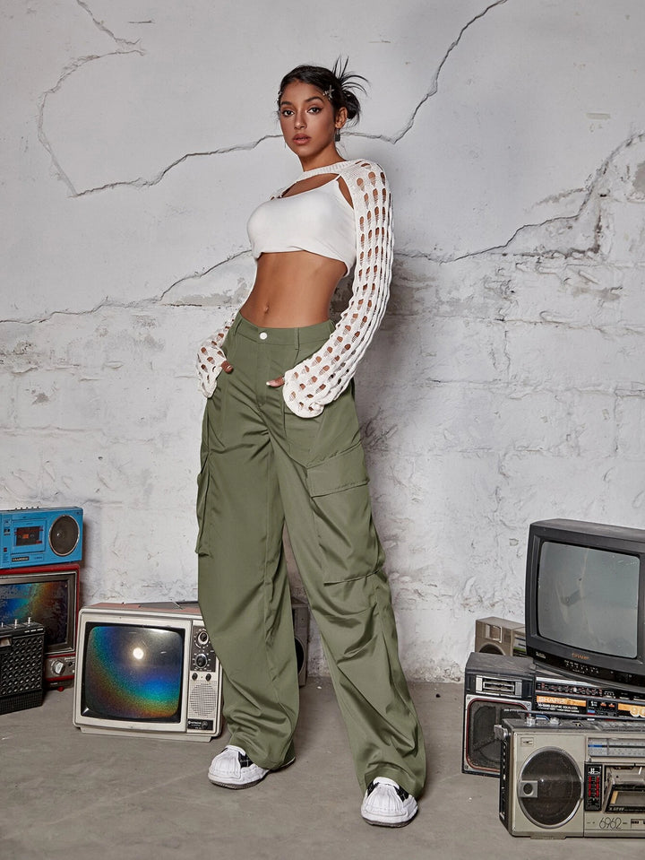 Flap Pocket Ruched Wide Leg Cargo Pants