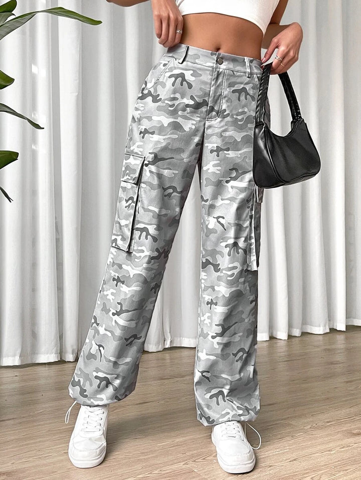 Flap Side Pocket Camo Print Cargo Pants