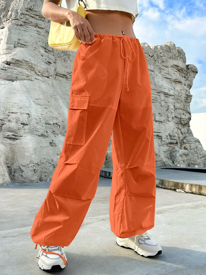 Flap Pocket Side Drawstring Waist Cargo Pants