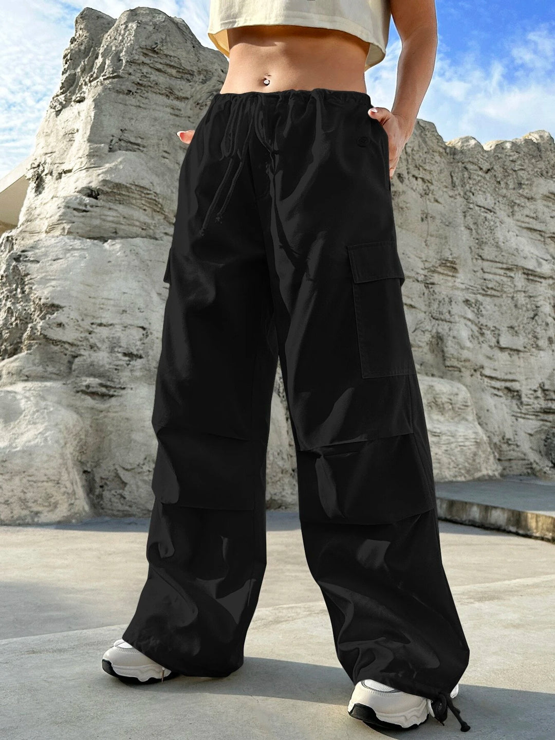 Flap Pocket Side Drawstring Waist Cargo Pants