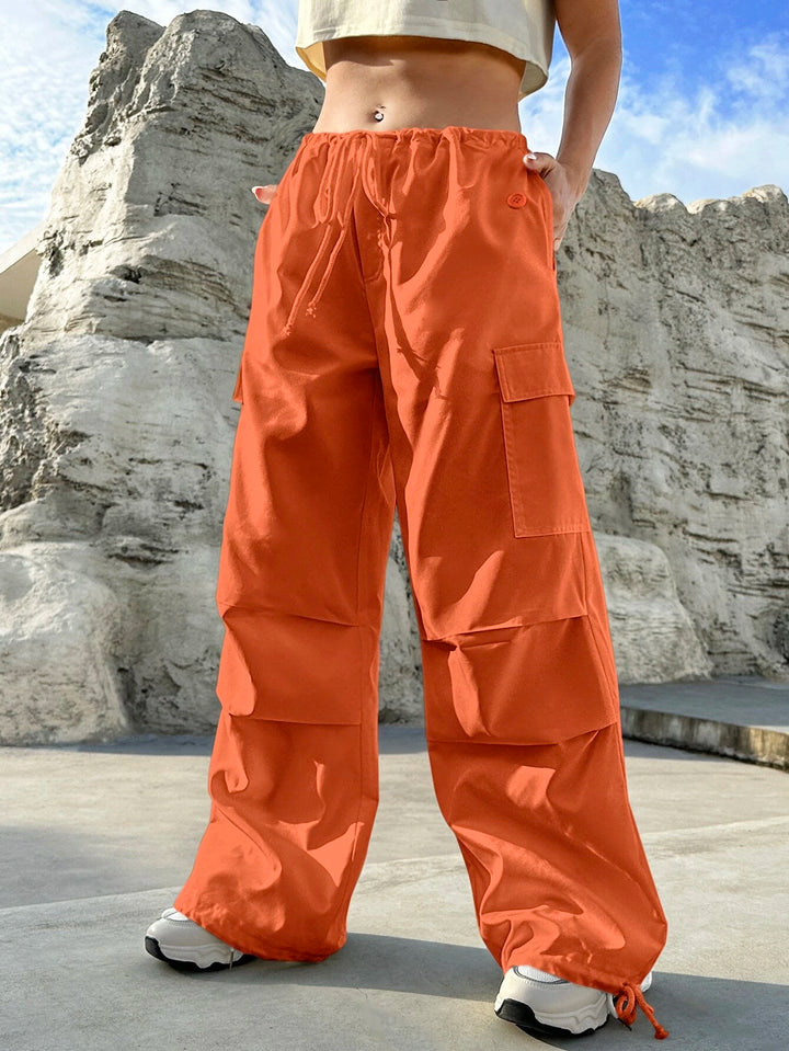 Flap Pocket Side Drawstring Waist Cargo Pants