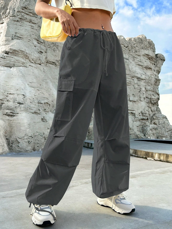 Flap Pocket Side Drawstring Waist Cargo Pants