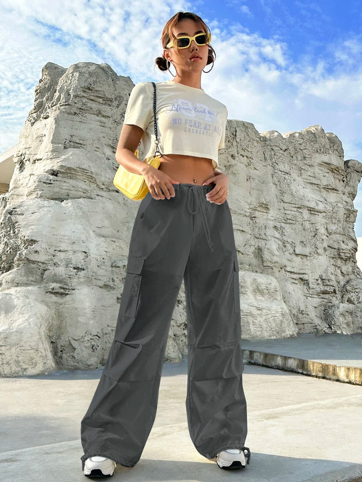 Flap Pocket Side Drawstring Waist Cargo Pants