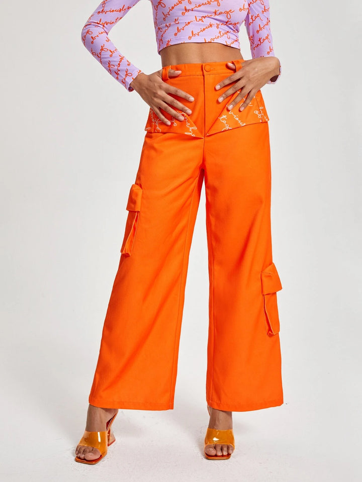 Letter Graphic Flap Pocket Side Wide Leg Pants