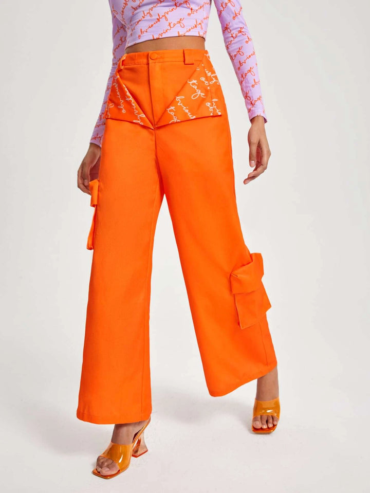 Letter Graphic Flap Pocket Side Wide Leg Pants