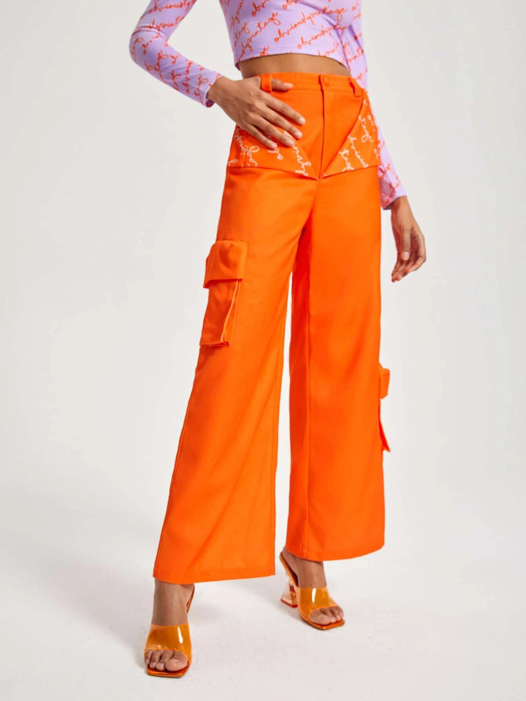 Letter Graphic Flap Pocket Side Wide Leg Pants