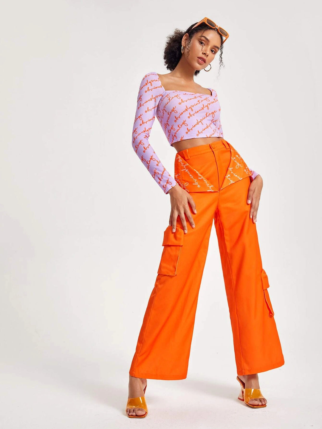 Letter Graphic Flap Pocket Side Wide Leg Pants