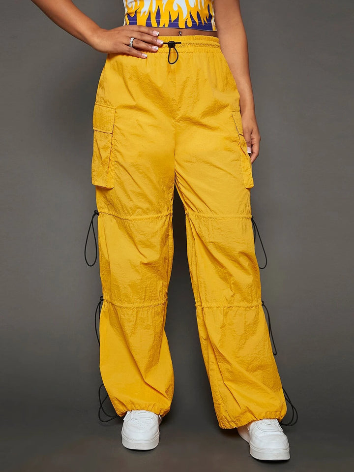 Drawstring Waist Flap Pocket Side Cargo Pants