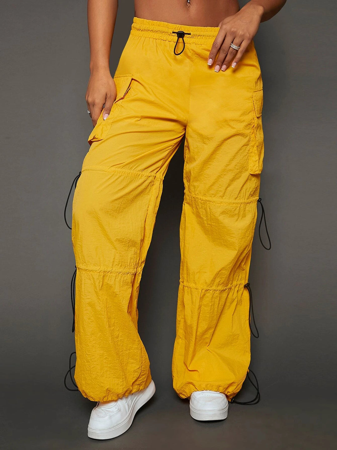 Drawstring Waist Flap Pocket Side Cargo Pants