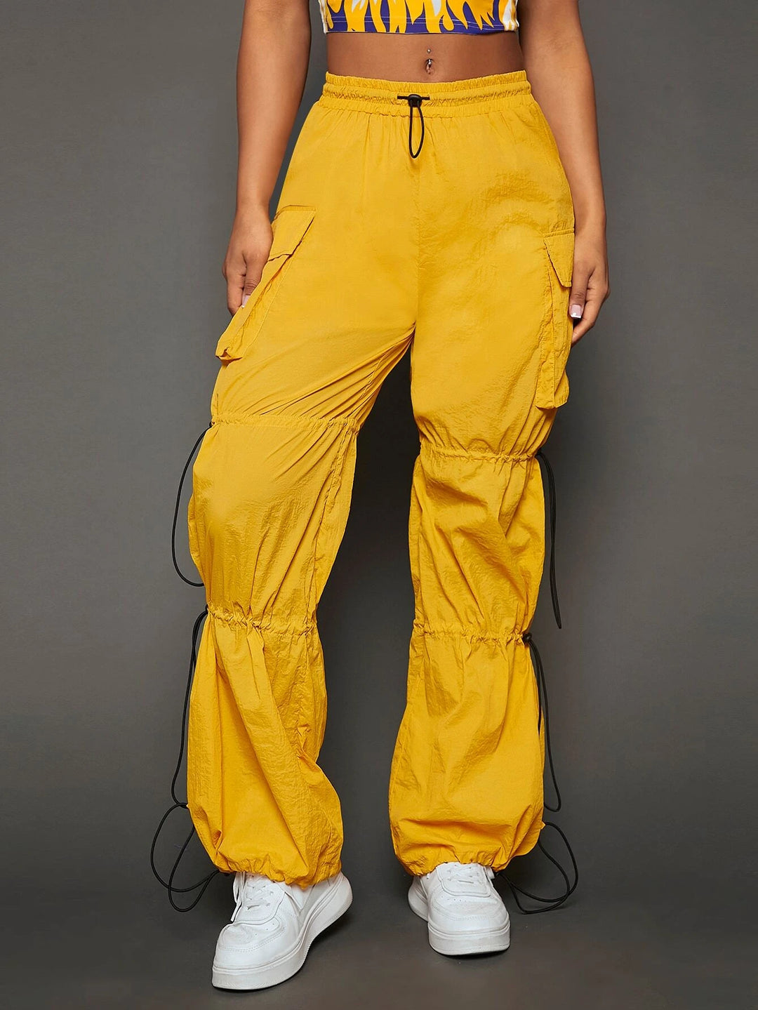 Drawstring Waist Flap Pocket Side Cargo Pants