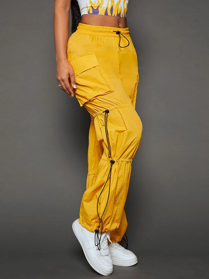 Drawstring Waist Flap Pocket Side Cargo Pants