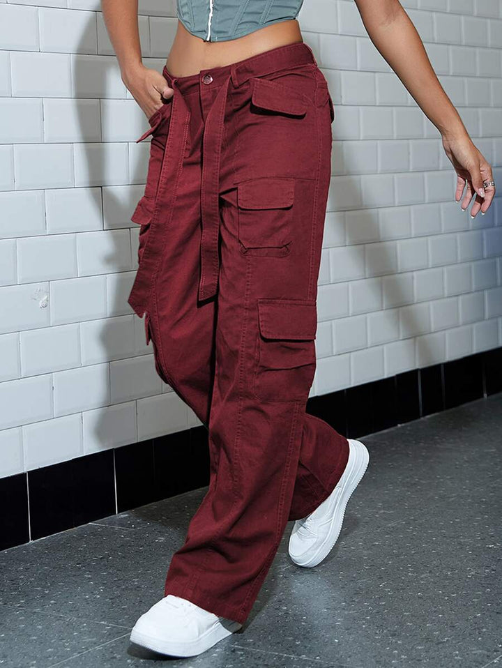 Solid Color Belted Cargo Pants