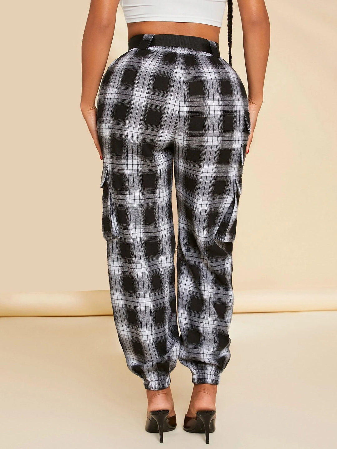 Plaid Print Buckle Belted Cargo Pants