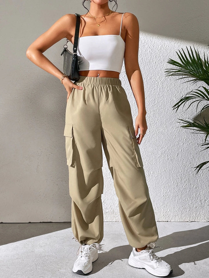 Flap Pocket Side Drawstring Hem Cargo Pants