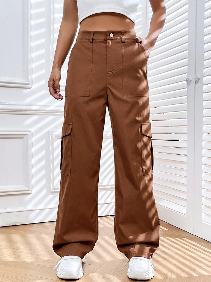 Side Cargo Pants With High Waist And Flap Pockets