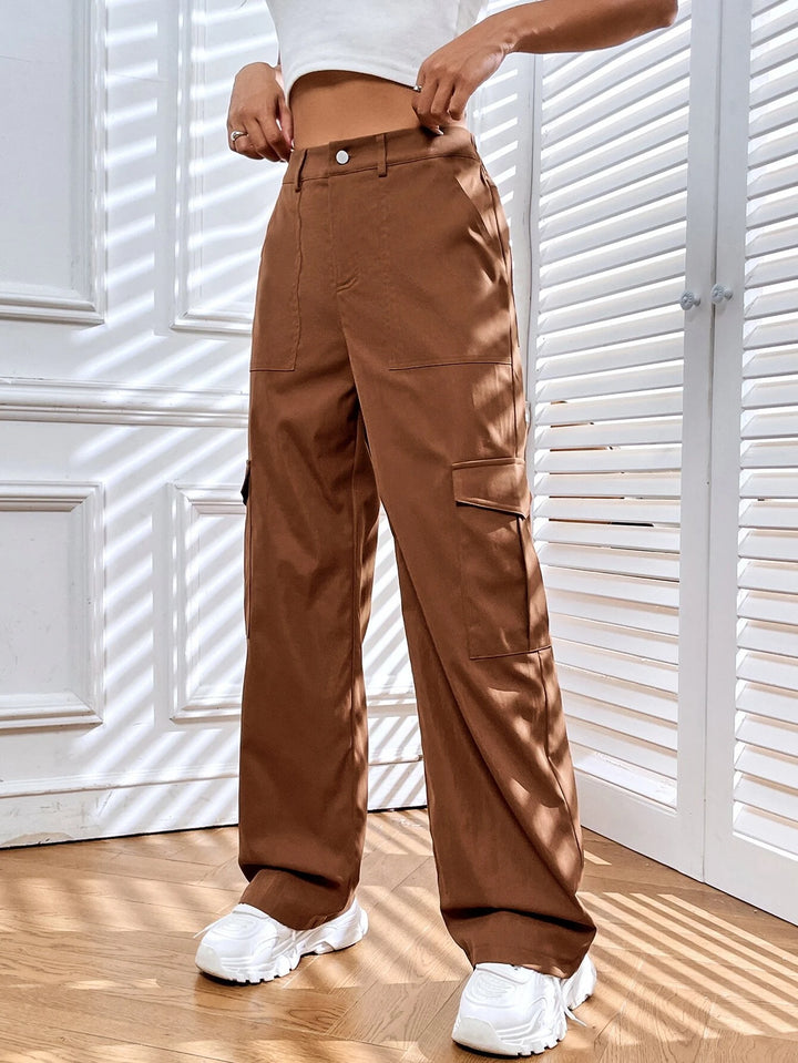 Side Cargo Pants With High Waist And Flap Pockets