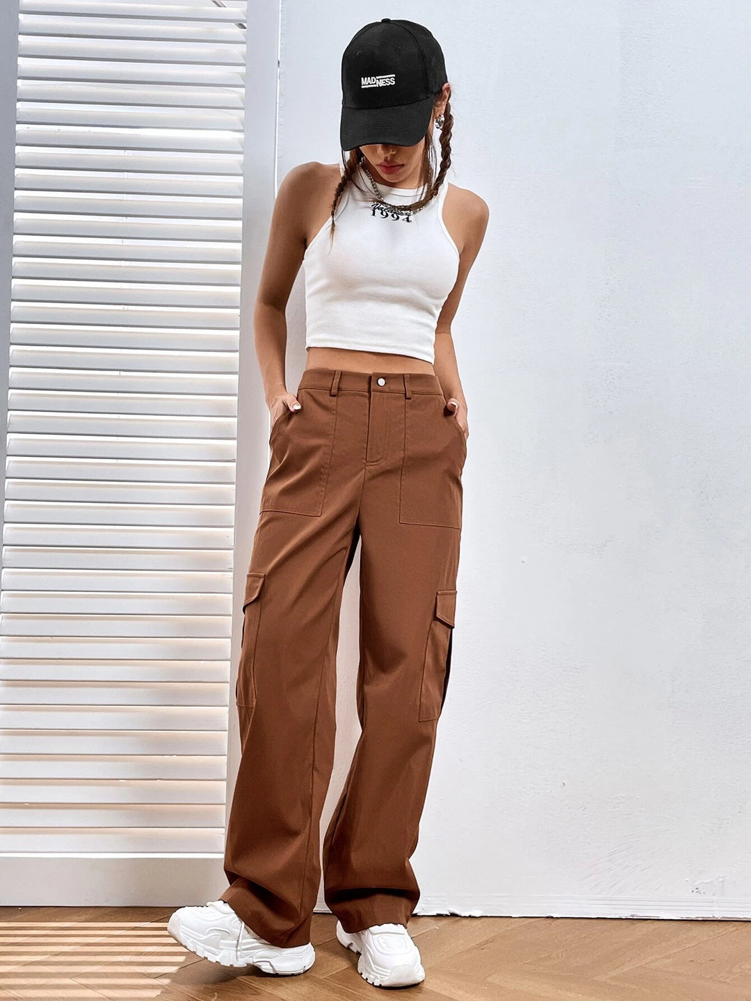 Side Cargo Pants With High Waist And Flap Pockets