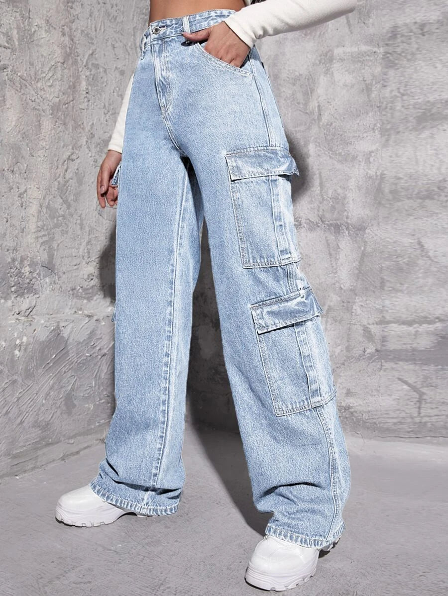 High Waist Zipper Fly Flap Pocket Cargo Jeans