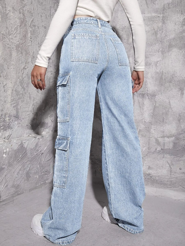 High Waist Zipper Fly Flap Pocket Cargo Jeans