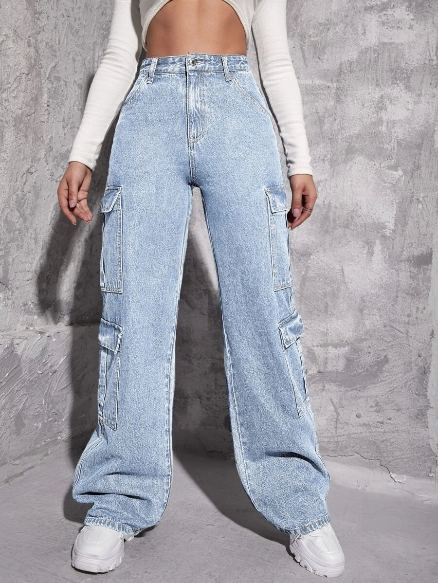 High Waist Zipper Fly Flap Pocket Cargo Jeans