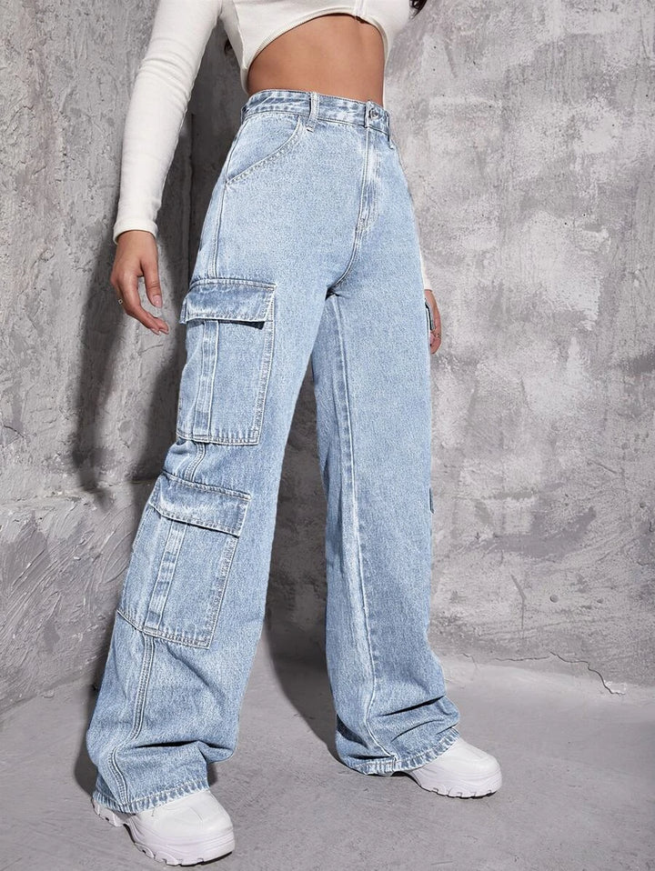 High Waist Zipper Fly Flap Pocket Cargo Jeans