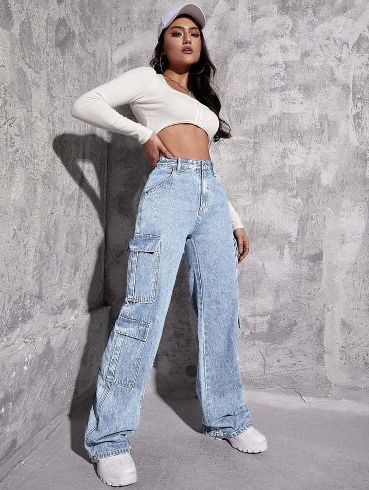 High Waist Zipper Fly Flap Pocket Cargo Jeans