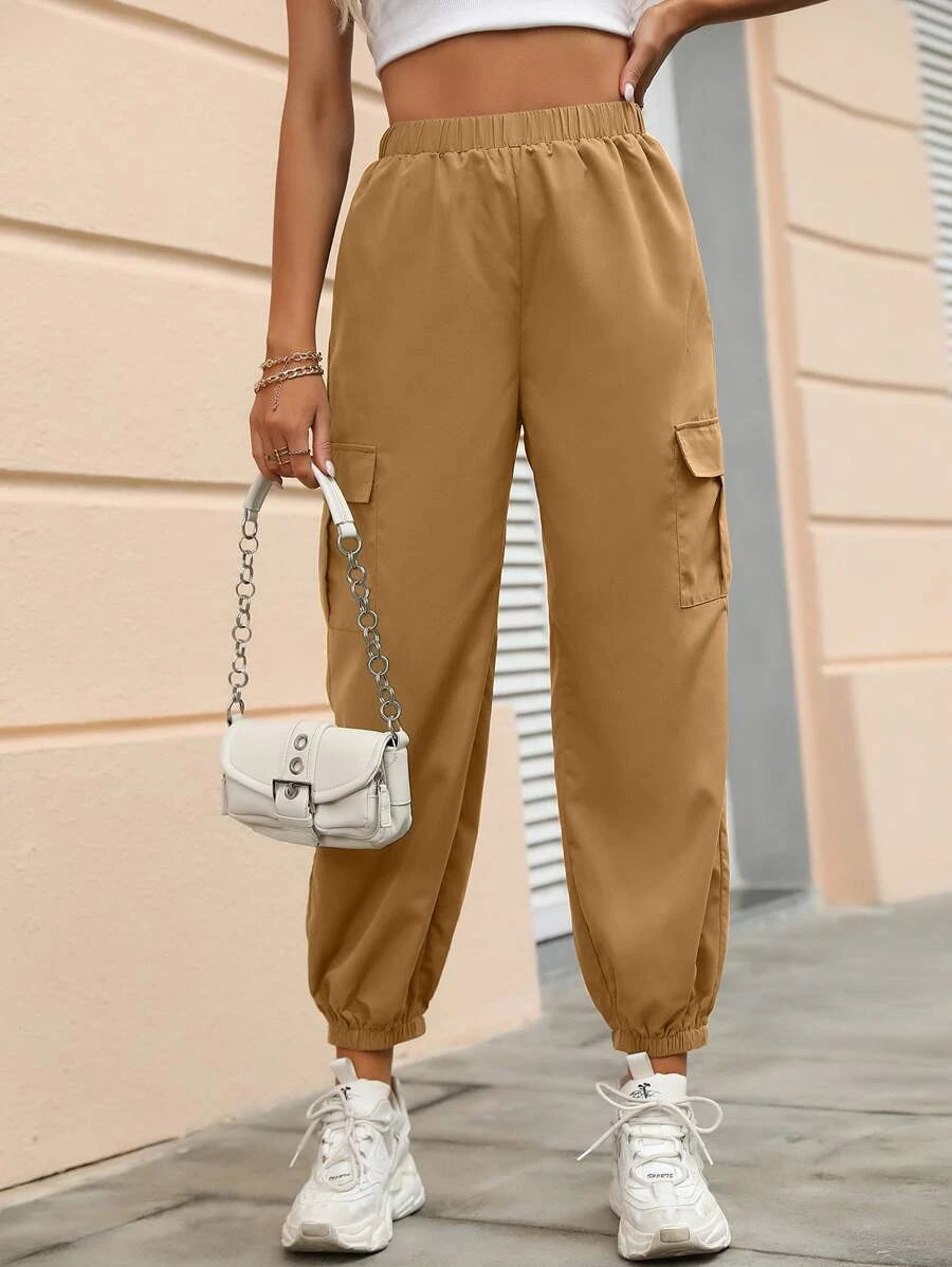 Solid Colored Flap Pocket Side Cargo Pants