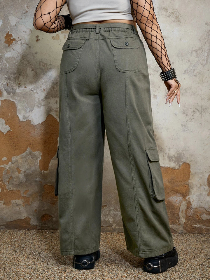 Flap Pocket Belted Cargo Jeans